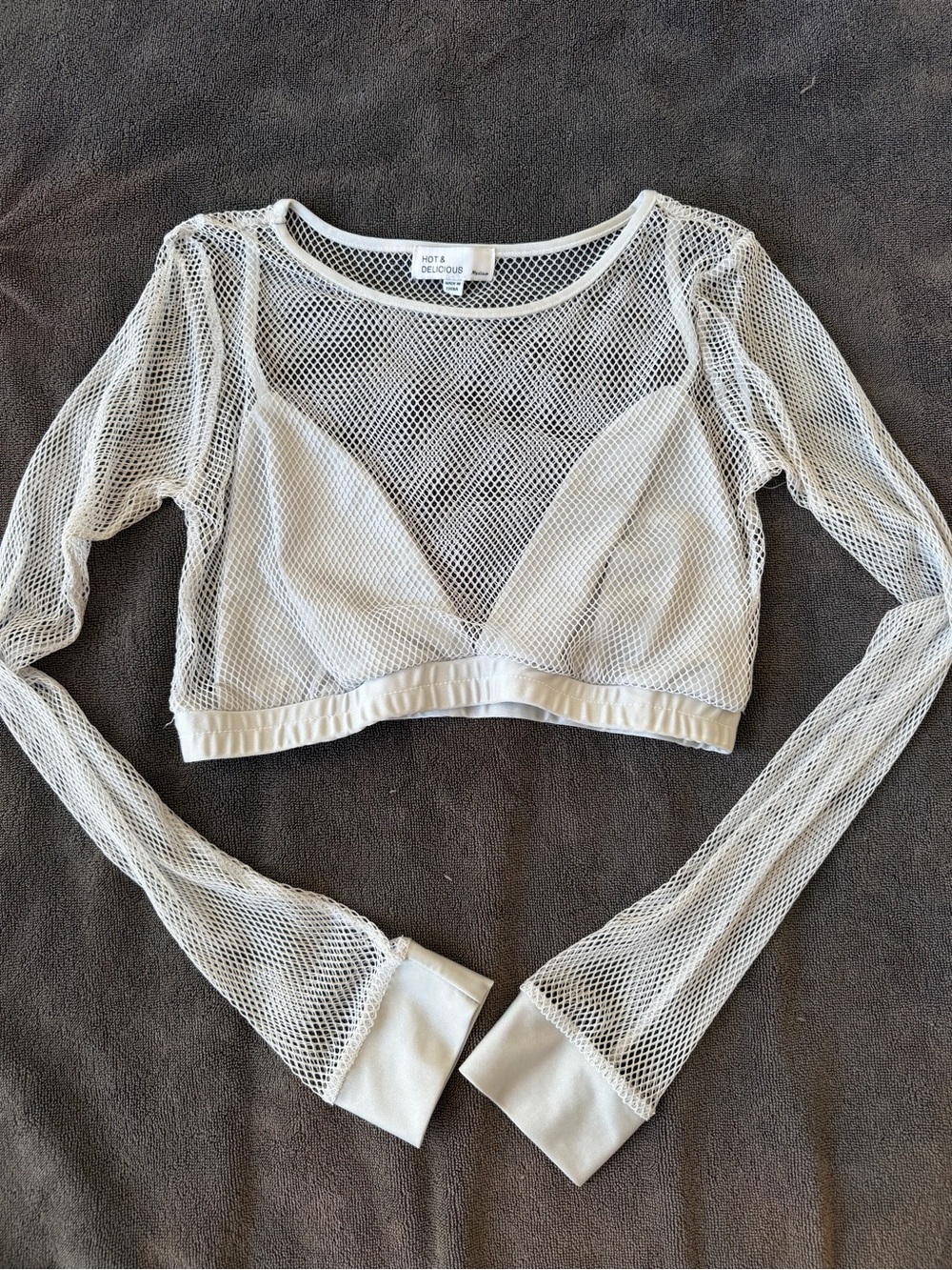 Hot & Delicious Cream Mesh Long-Sleeve Crop Top with Bralette